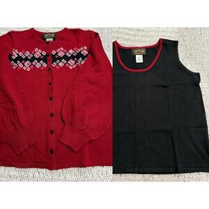VTG Bob Mackie 2 Pc Cardigan Sweater Shell Embroidered Womens Medium Red Black